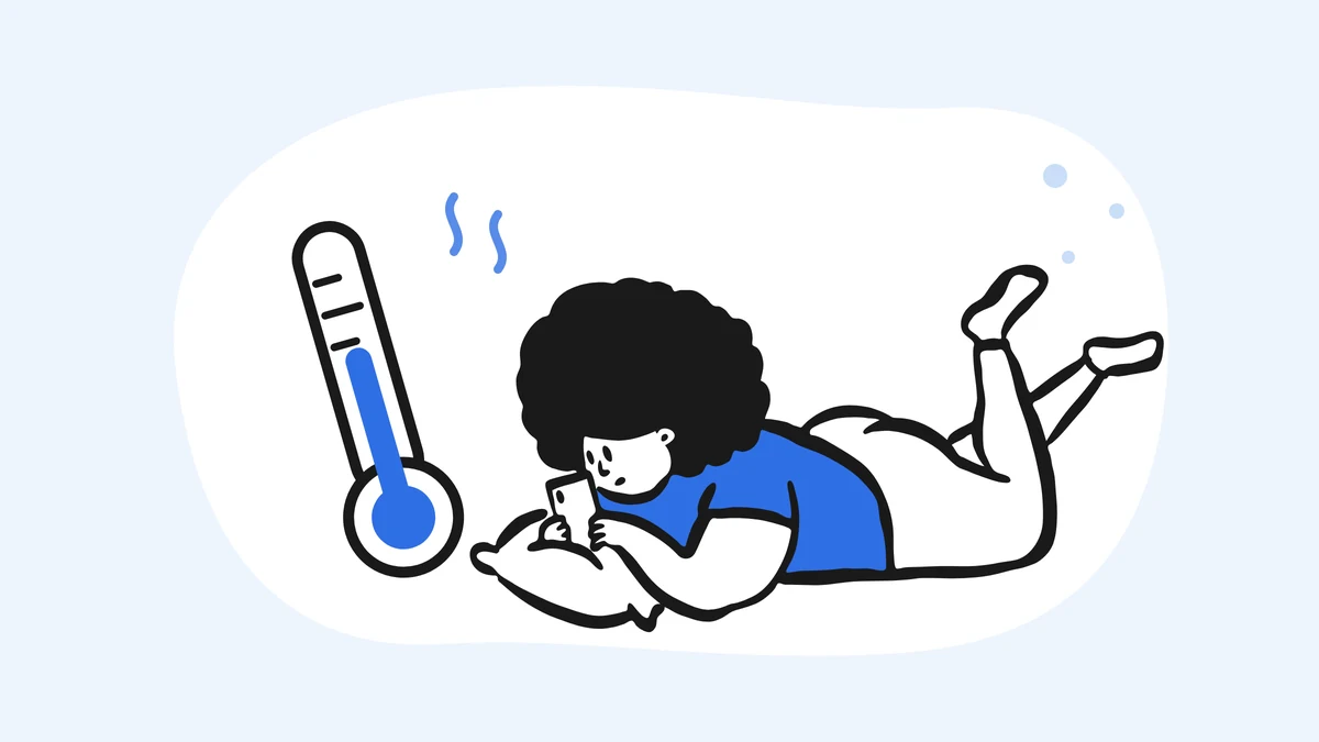 熱やだるさで横になり、体温計と一緒に肺炎の症状を調べる人のイラスト